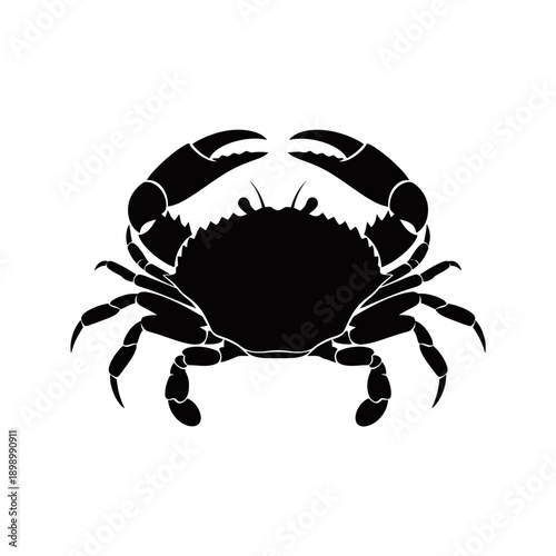 A striking black silhouette of a crab with its claws raised against a white background.