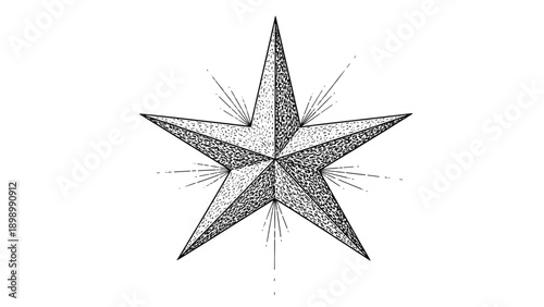 Hand drawn shaded five pointed star with stippled texture and radiating light rays for awards and patriotic graphic designs.