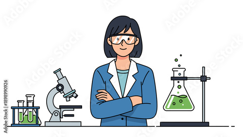 Flat vector illustration of a female scientist in a lab coat and safety goggles standing in a laboratory with a microscope and chemical flasks.