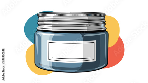 Realistic illustration of a blue glass cosmetic jar with a silver metal screw lid and a blank white label for product mockups.