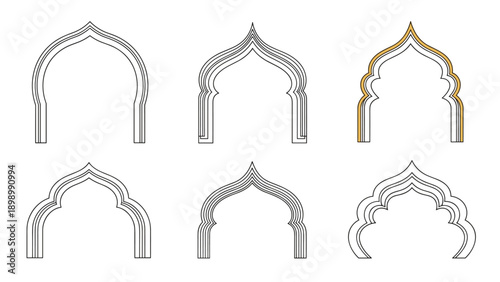 Collection of various traditional islamic arch shapes in different styles for middle eastern architectural and religious designs.