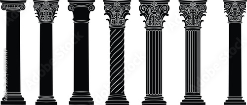 Set of classical architectural column silhouettes in Greek and Roman styles, featuring Doric, Ionic, Corinthian, and fluted pillars, elegant black vector illustration isolated on white background