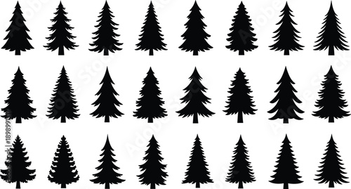 Set of evergreen pine and fir tree silhouettes in different shapes and styles, black forest nature icons isolated on white background,