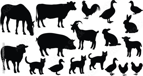 Set of farm animal silhouettes including cow, horse, pig, goat, sheep, chicken, duck, rabbit, and cat, minimalist black vector collection for agriculture and design projects