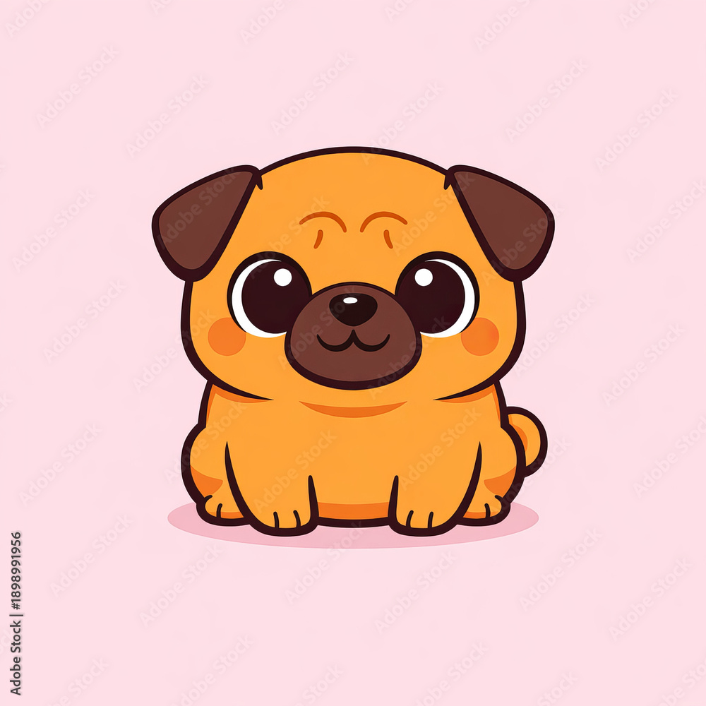Obraz premium Cute Orange Pug Cartoon Illustration in Minimal Kawaii Flat Style