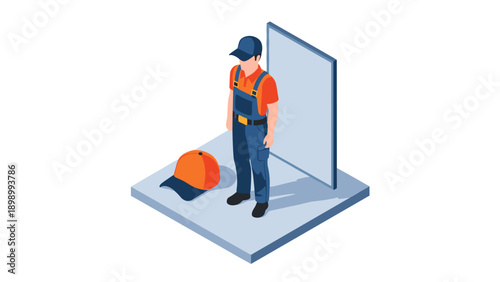 Isometric male worker in uniform with cap and blue background
