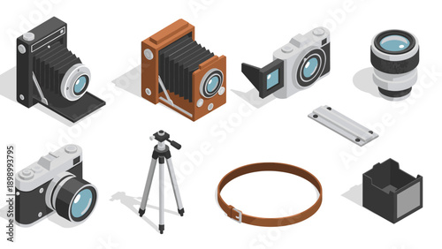 Isometric vintage camera collection with accessories for photography