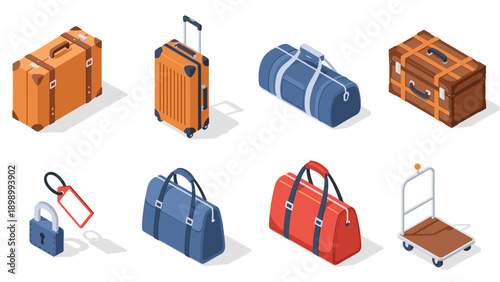 Isometric luggage and travel bags collection: suitcases, backpacks