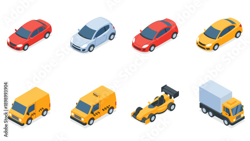 Isometric vehicles set: cars, vans, race car, and truck icons