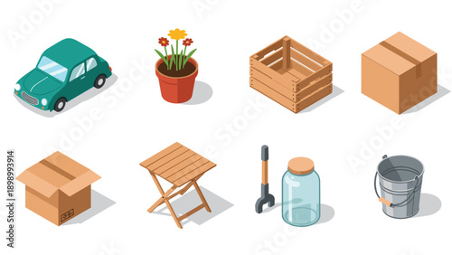 Isometric objects collection: car, plant, box, crate, furniture, tools