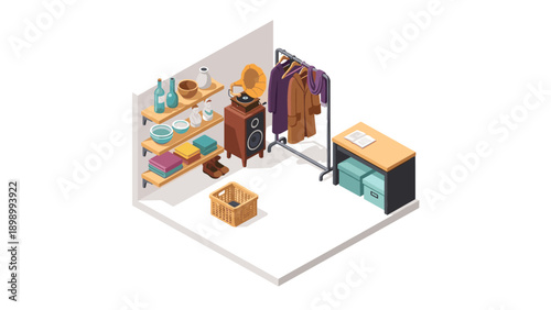 Isometric room with vintage furniture and clothing rack in cozy corner