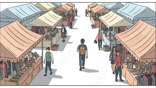 Bustling outdoor market scene with colorful stalls and shoppers