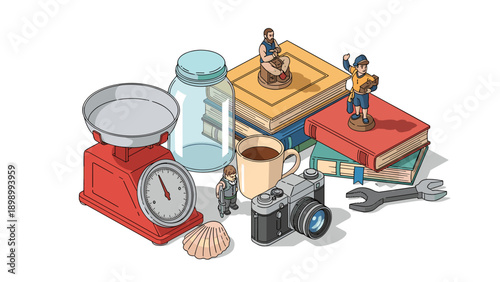 Isometric still life: books, camera, and everyday objects with