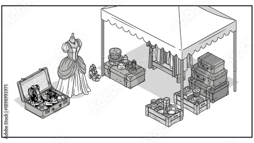 Antique market stall with vintage clothing and luggage in isometric
