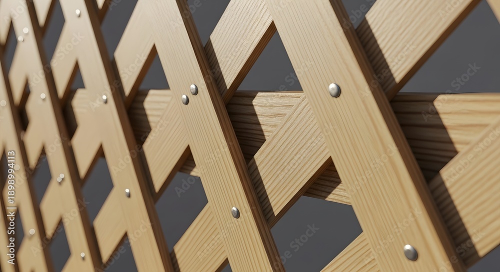 Obraz premium Close-up of wooden decorative fence panels with metal bolts on a gray background
