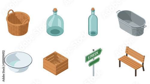 Isometric household objects collection with rustic elements