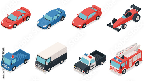 Isometric collection of various vehicles with race car, police, and