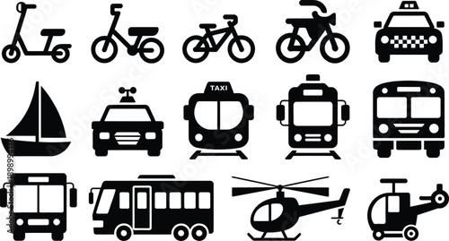 Collection of black silhouette icons depicting various modes of transportation