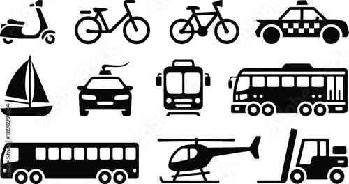 Collection of black silhouette icons depicting various modes of transportation