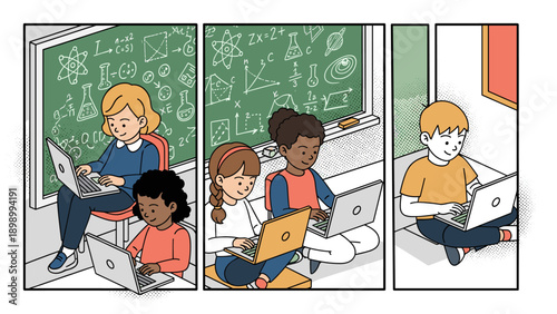 Children learning together with laptops in classroom setting