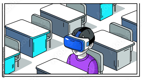 Student experiencing virtual reality in classroom with headset and