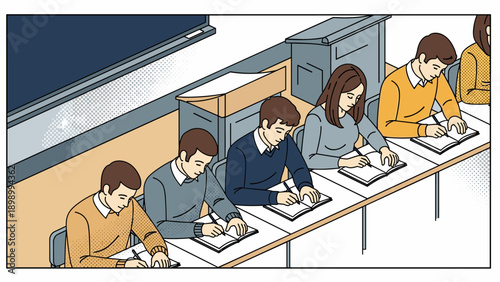 Students in a classroom taking notes in a flat design, studying