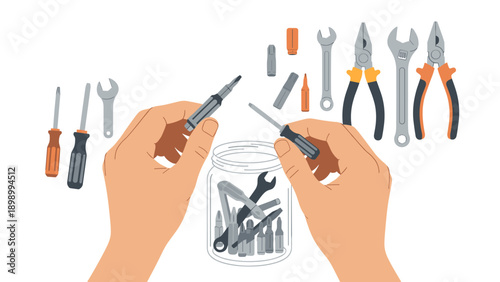 Hands organizing tools in jar with various screwdrivers and wrenches