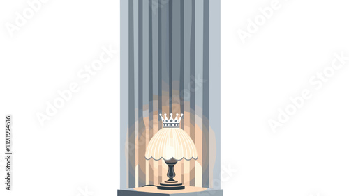 Elegant crowned lamp on pedestal under spotlight with pillars