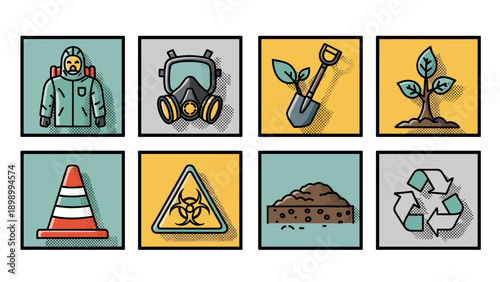 Environmental icons set: safety gear, nature, recycling, and hazard