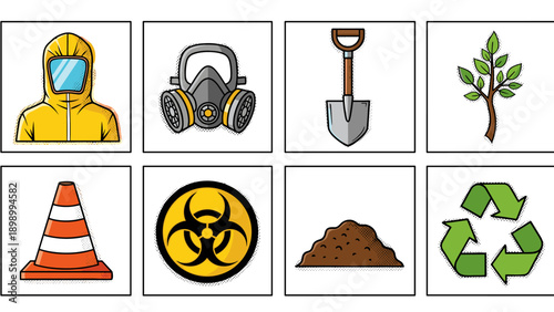 Collection of environmental and safety themed icons in modern flat