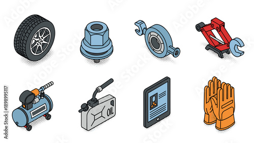 Isometric car maintenance tools collection: tire, jack, compressor