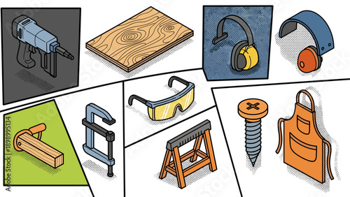 Retro vintage tools and safety gear with halftone design in comic art