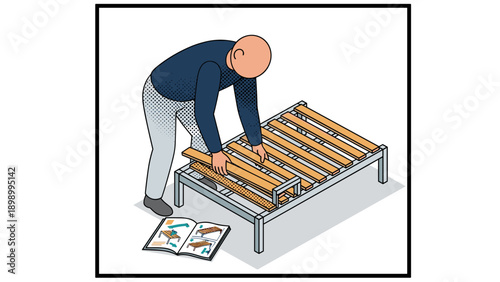 Isometric assembly: person building wooden table with manual guidance