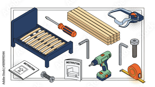 Diy bed assembly tools and materials isometric design