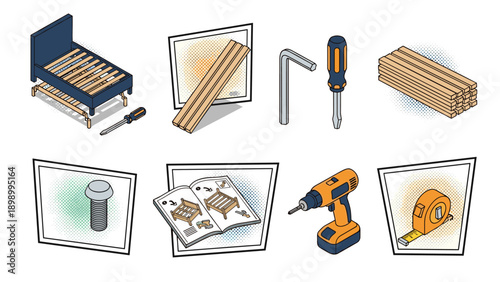 Diy furniture building tools and materials in isometric pop art style