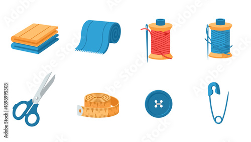 Sewing essentials: fabric, threads, and tools in colorful flat design