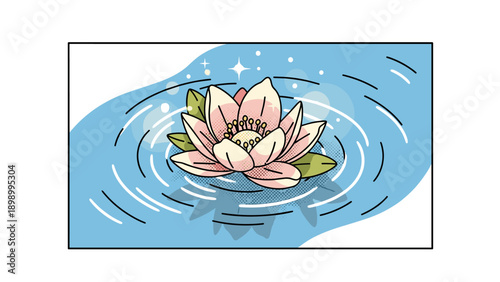 Pop art lotus floating on blue pond with sparkling ripples