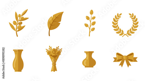 Elegant floral icons set with leaves, wreaths, and vases in golden