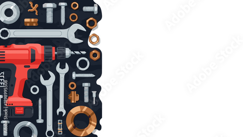 Tools and equipment background design with wrenches and drill on dark