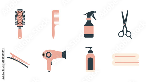 Essential hair salon tools in minimalist flat design for professional