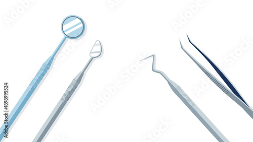 Essential dental tools set with mirror and scaler on white background
