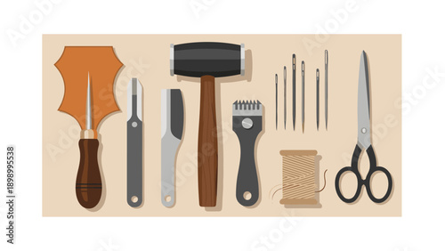 Leather crafting tools collection with flat design and neutral tones