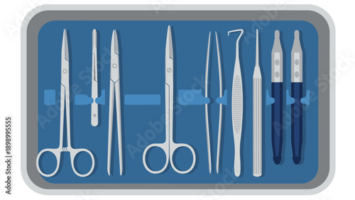 Surgical instruments set on tray: modern flat style medical tools