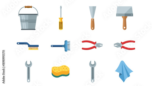 Essential cleaning and repair tools on white background