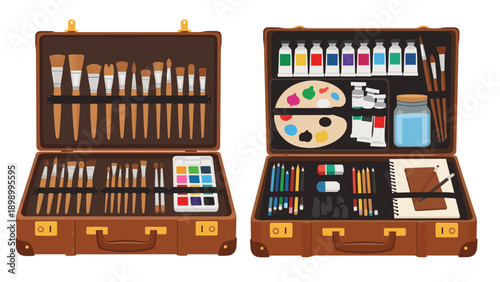 Art supplies in organized suitcases for creative professionals and