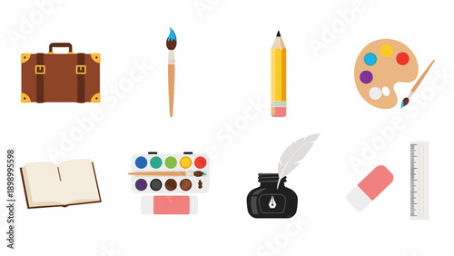 Art tools collection: paintbrush, palette, and creative essentials on