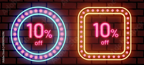 レンガ壁を背景にしたサイバーパンク風のネオンサイン割引ラベルセット。「10% off」の文字が光る青とオレンジの丸型・角丸四角形フレーム。夜のセール、キャンペーン広告、ゲーム風デザイン、ナイトイベントのバナーに最適なレトロモダンなベクター素材。