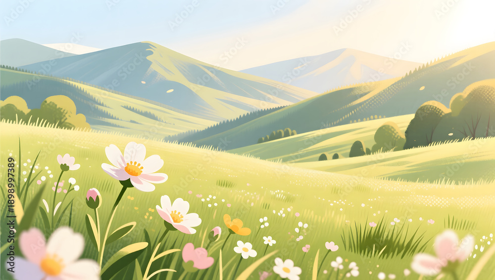 Obraz premium Beautiful blooming valley meadow scenery on spring equinox day