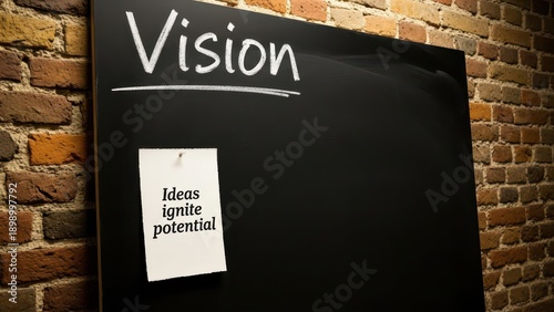 The word Vision written on a chalkboard with a pinned note stating Ideas ignite potential, representing business strategy and future goals.