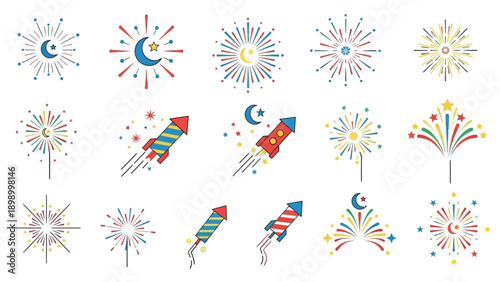 A collection of festive fireworks and rockets, celebrating holidays and special occasions with vibrant colors and sparkling light displays